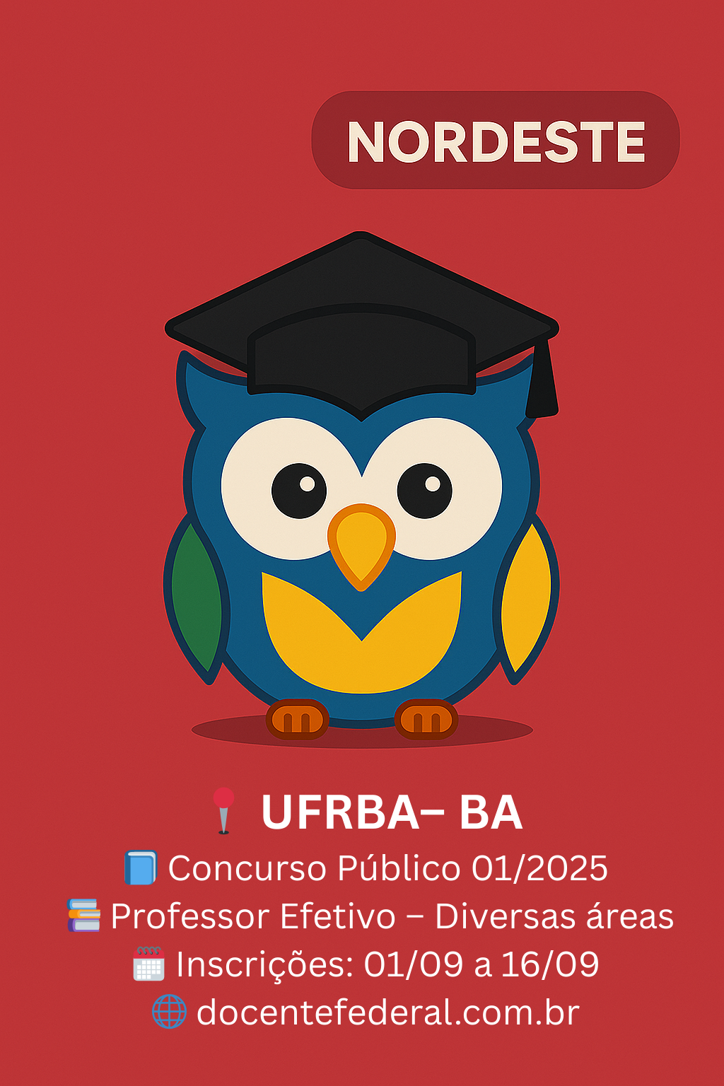 Card com chamada para o concurso da UFRB com 72 vagas para professores efetivos.