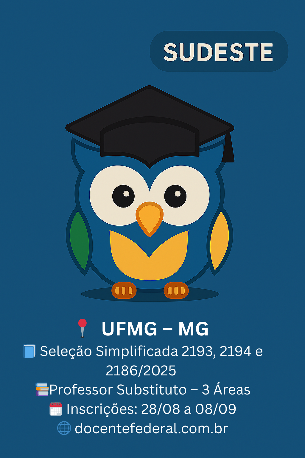 Processo Seletivo Simplificado da UFMG 2025 para Professor Substituto em três áreas; inscrições gratuitas de 28 de agosto a 8 de setembro de 2025.