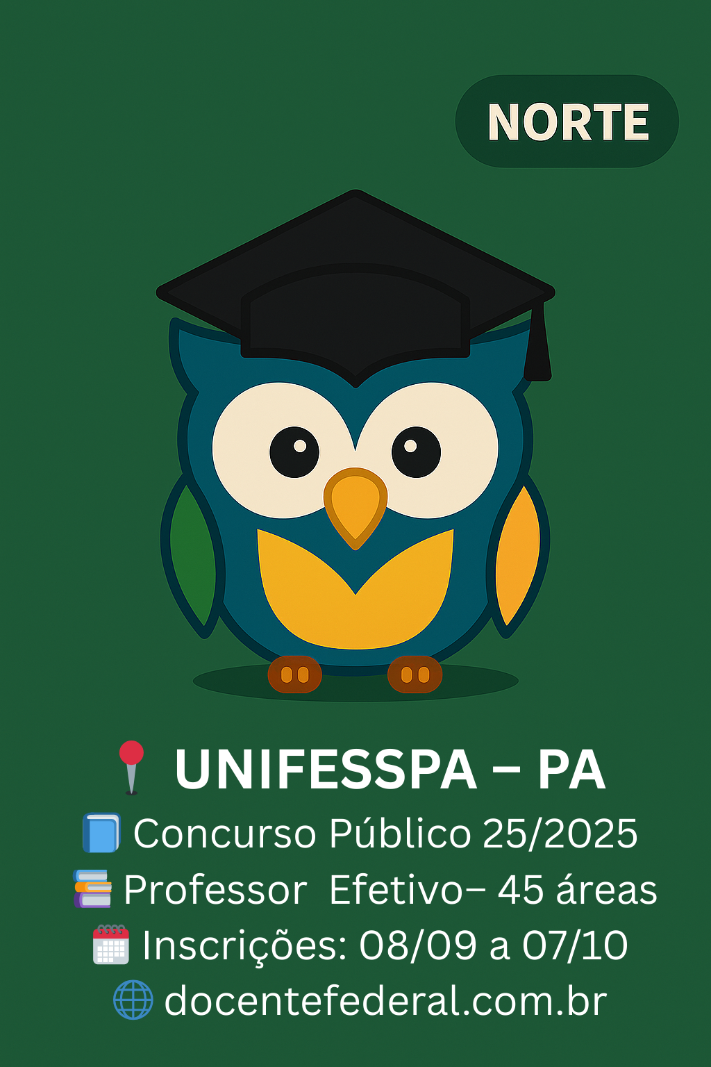 Concurso Público da Unifesspa 2025 para Professor Efetivo, com 49 vagas em diferentes áreas, inscrições abertas de 8 de setembro a 7 de outubro de 2025.