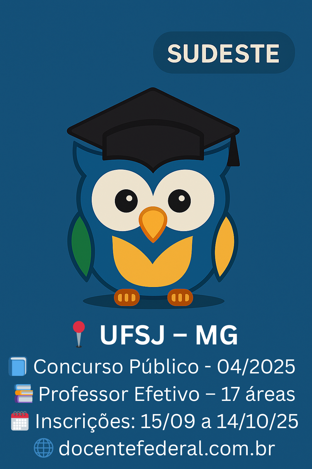 Concurso Público UFSJ 2025 para Professores Efetivos em 19 vagas de diversas áreas, inscrições de 15/09 a 14/10/2025 no SIGRH/UFSJ.