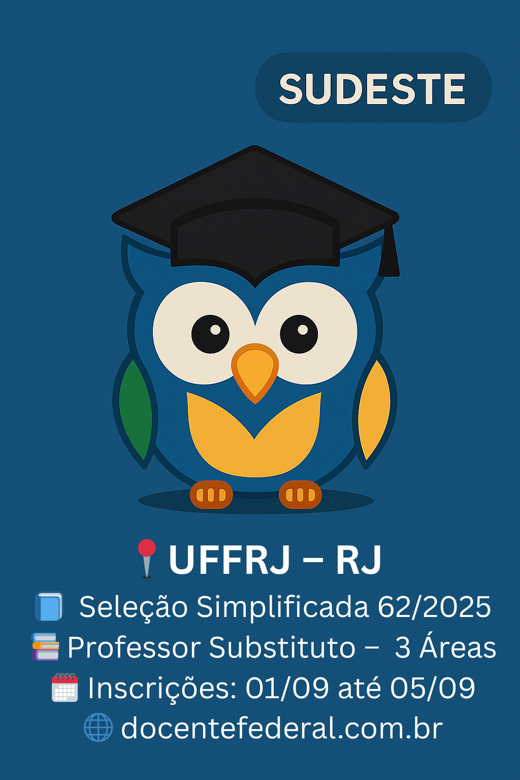 Card da seleção simplificada UFRRJ (Edital 62/2025) para Professor Substituto (20h) nas áreas de Antropologia/Educação, Letras–Português, Ciências Sociais e Educação Física, inscrições de 01/09 a 05/09/2025.