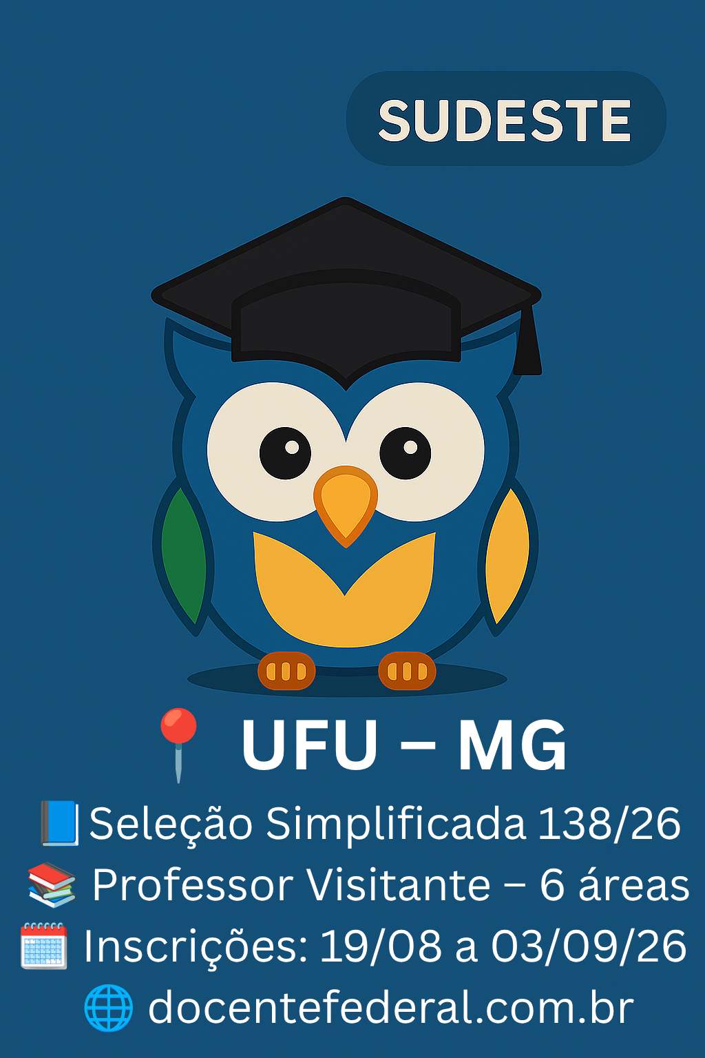 UFU abre processo seletivo para Professor Visitante com 6 vagas.